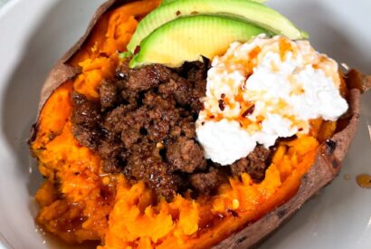 Thumbnail for Hot Honey Stuffed Sweet Potatoes with Ground Beef, Cottage Cheese, & Avocado (High-Protein & Gluten-Free)
