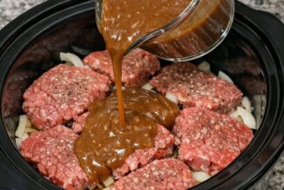 Thumbnail for Pour brown gravy over raw cube steaks, paired with 3 other ingredients, into slow cooker for a hearty weeknight dinner that’s the first thing I suggest when I don’t want to cook