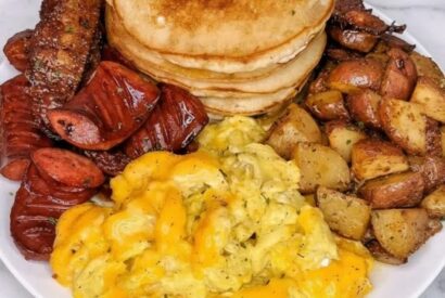 Thumbnail for Ultimate Hearty Halal Breakfast Platter Recipe: Pancakes, Scrambled Eggs & Beef Bacon