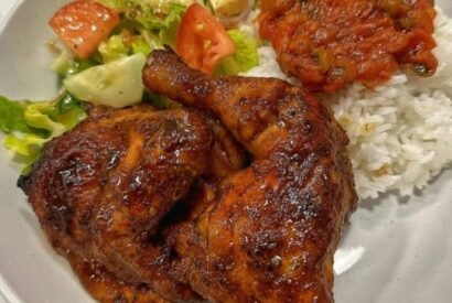 Thumbnail for Spicy Glazed Chicken Quarters with Savory Tomato Salsa and Fluffy White Rice