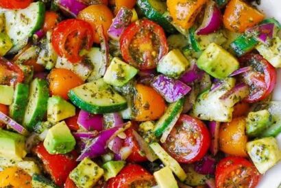 Thumbnail for Tomato Cucumber Avocado Salad with Basil Pesto