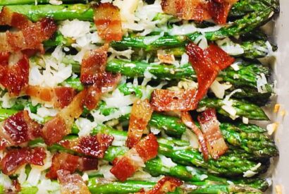 Thumbnail for Cheesy Baked Asparagus with Gruyère Cheese, Garlic, and Bacon