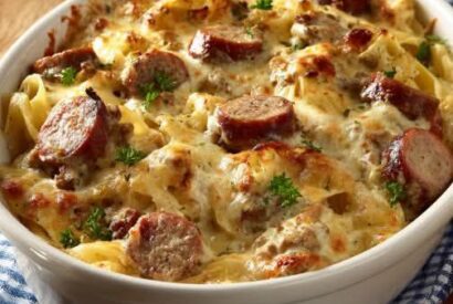 Thumbnail for Cheesy Smoked Beef Sausage Bake