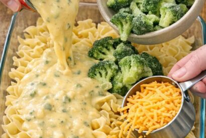 Thumbnail for Pour canned cheddar broccoli soup and these 2 ingredients over uncooked egg noodles into a 9×13 baking dish for a comforting meal people always return